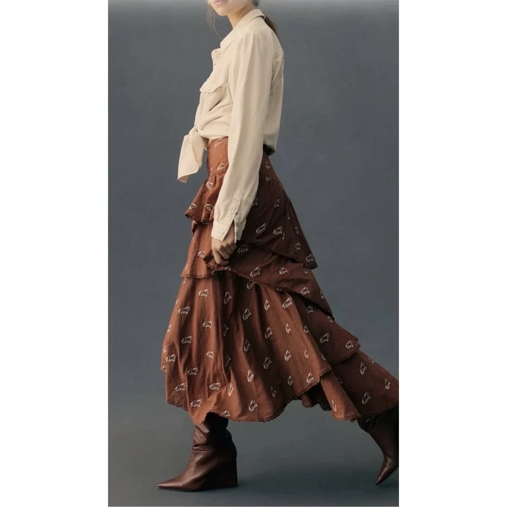 FARM Rio for Anthropologie Maxi skirt Rusty Brown Embroidered Horse Layered XS
